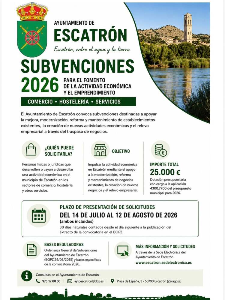 Escatrón abre las subvenciones de 2026 para comercio, hostelería y servicios